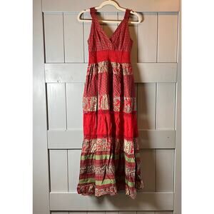 Chaudry KSC Red Patchwork Sleeveless Adjustable Strap Midi Dress Size M NEW